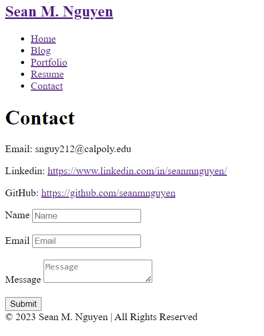 screenshot of my personal wesbite contact page